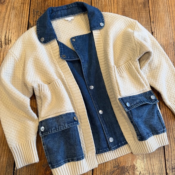 YURA Denim & Knit Mixed Media Oversized Cardigan Jacket Size S/M - Picture 7 of 9